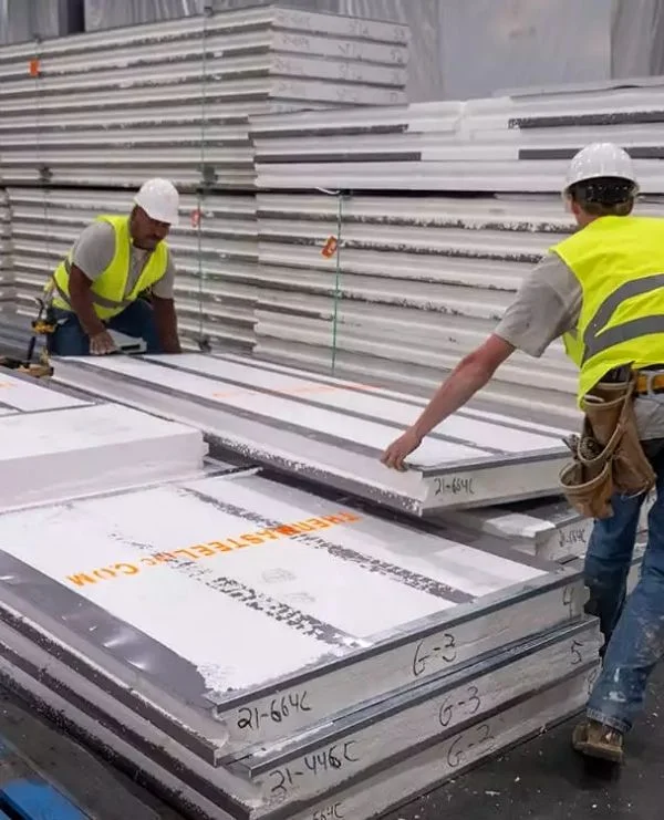 01 Workers loading labeled ThermaSteel insulated panels for shipment