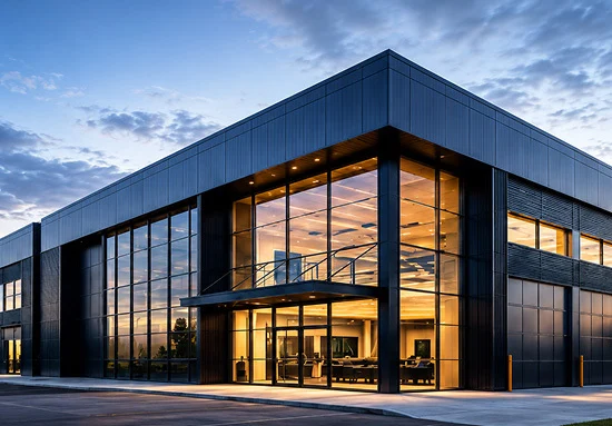 Banner Modern commercial building with a glass entrance built using insulated metal panels