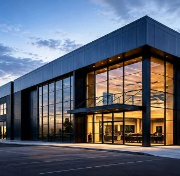 Modern glass and steel commercial building illuminated at dusk