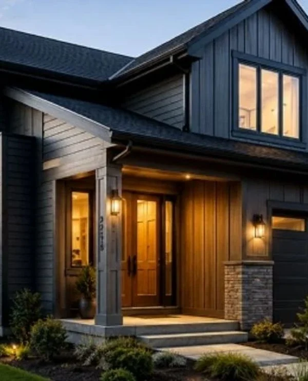 Modern home entrance with dark siding and warm lighting at dusk